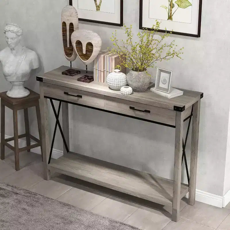 Console avec 2 tiroirs, Table d'entrée en bois avec étagère de rangement, Tables de canapé étroites et longues pour salon, entrée, couloir, foyer
