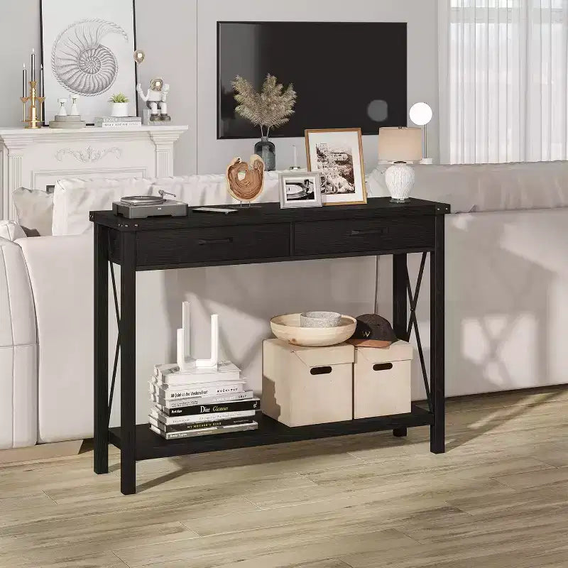 Console avec 2 tiroirs, Table d'entrée en bois avec étagère de rangement, Tables de canapé étroites et longues pour salon, entrée, couloir, foyer