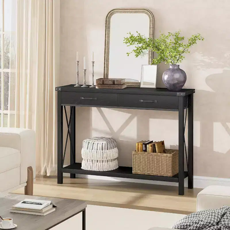 Console Table with 2 Drawers, Wood Entryway Table with Storage Shelf, Sofa Tables Narrow Long for Living Room, Entryway, Hallway, Foyer