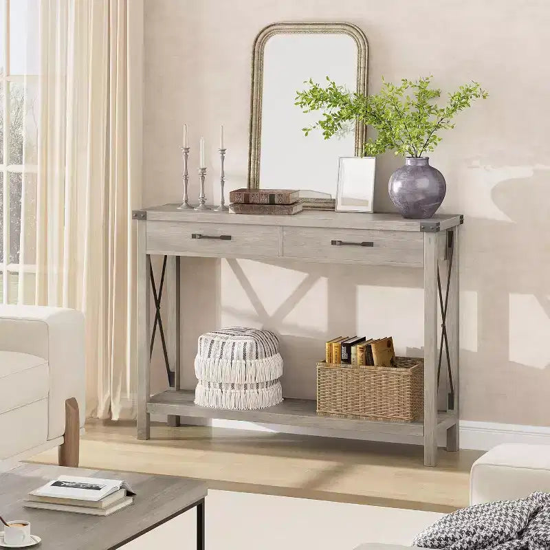 Console Table with 2 Drawers, Wood Entryway Table with Storage Shelf, Sofa Tables Narrow Long for Living Room, Entryway, Hallway, Foyer