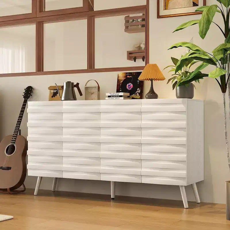 Table d'appoint latérale blanche à porte texturée avec étagères réglables : Armoire de rangement autonome de style nordique pour salon et et entrée