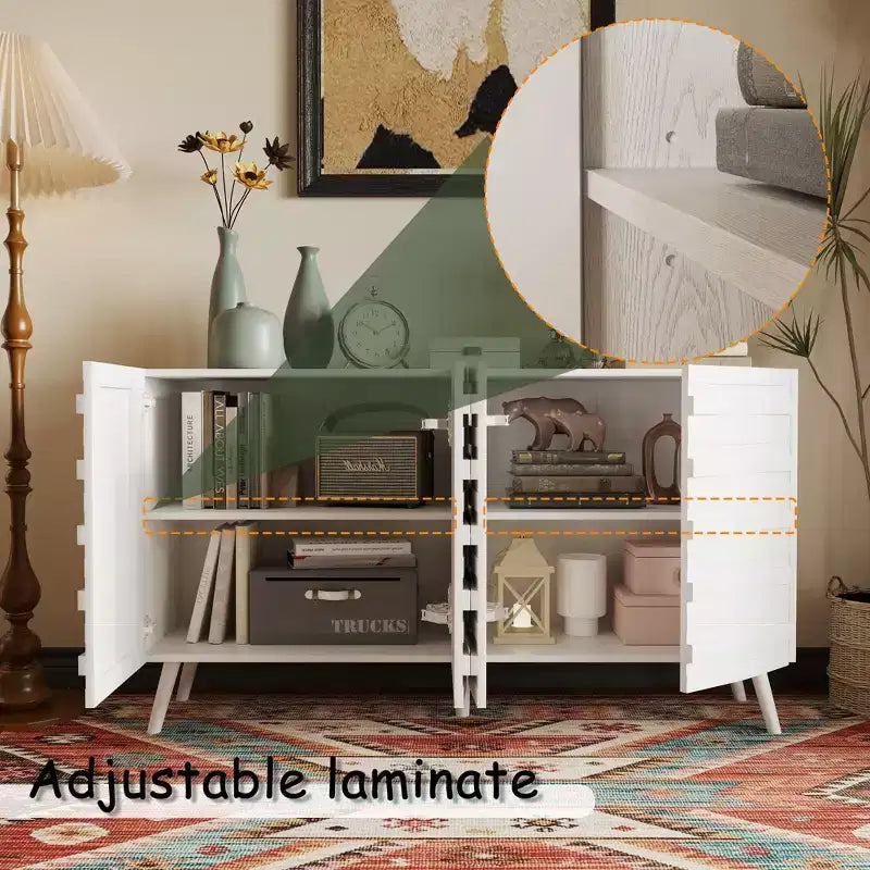 Table d'appoint latérale blanche à porte texturée avec étagères réglables : Armoire de rangement autonome de style nordique pour salon et et entrée