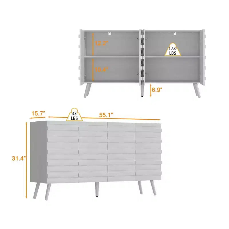 Table d'appoint latérale blanche à porte texturée avec étagères réglables : Armoire de rangement autonome de style nordique pour salon et et entrée