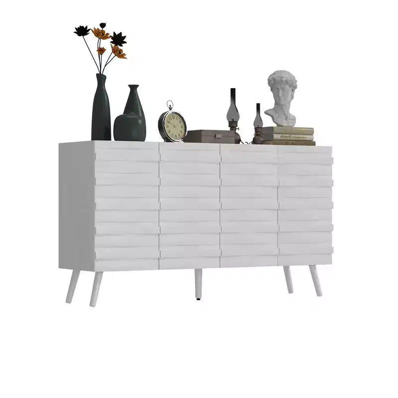 Table d'appoint latérale blanche à porte texturée avec étagères réglables : Armoire de rangement autonome de style nordique pour salon et et entrée