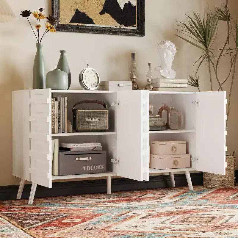Table d'appoint latérale blanche à porte texturée avec étagères réglables : Armoire de rangement autonome de style nordique pour salon et et entrée