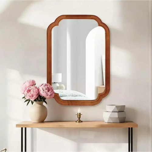PexFix 20 x 30 Rounded Corner Solid Wood Frame Decorative Mirror Modern Farmhouse Wall Mirror For Bedroom Bathroom Living Room Entryway Brown