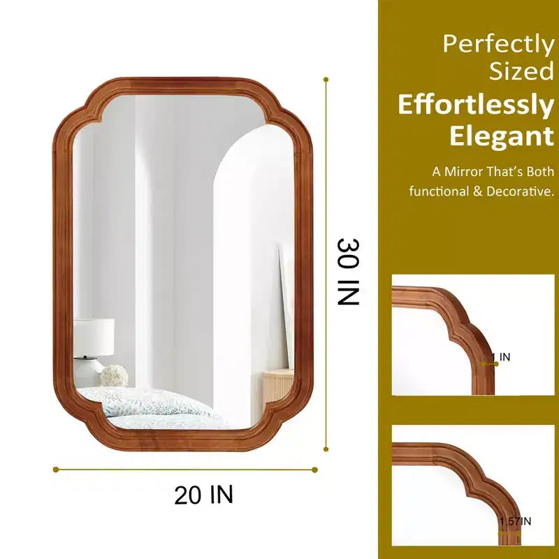 Miroir Décoratif Mural Cadre Bois Massif Coins Arrondis 20 x 30 Style Ferme Moderne Pour Chambre Salle de Bain Salon Entrée Marron