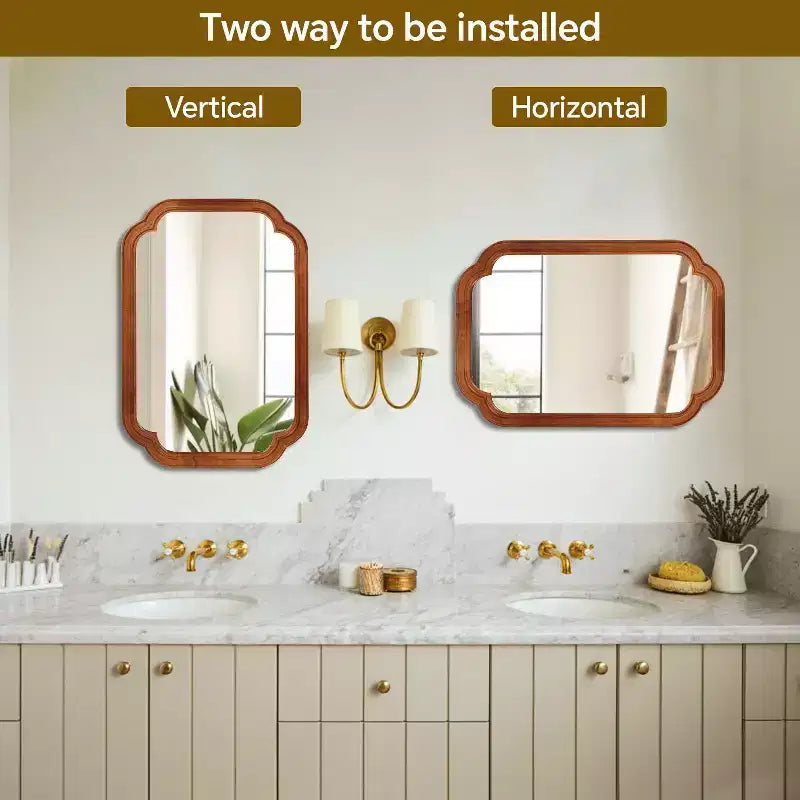 Miroir Décoratif Mural Cadre Bois Massif Coins Arrondis 20 x 30 Style Ferme Moderne Pour Chambre Salle de Bain Salon Entrée Marron