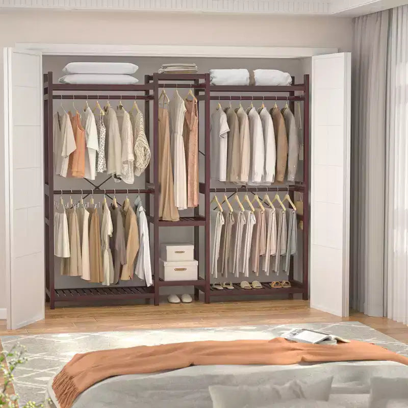 Porte-vêtements en bambou de 178 cm avec 5 tringles, système de placard autoportant avec étagères