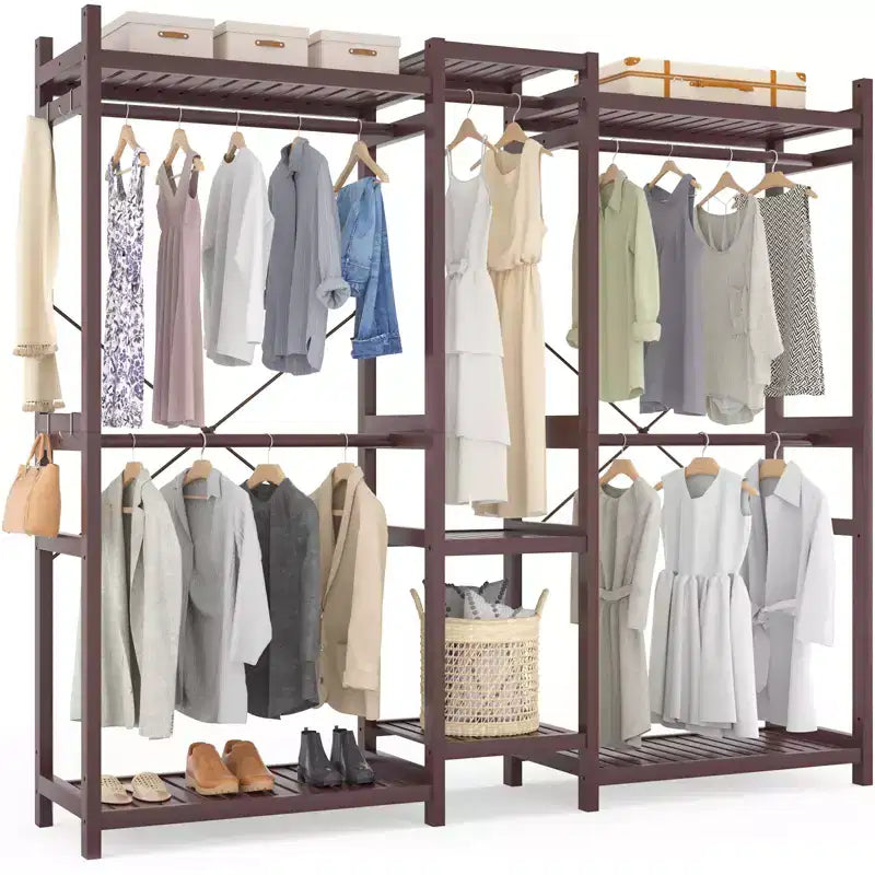 Porte-vêtements en bambou de 178 cm avec 5 tringles, système de placard autoportant avec étagères