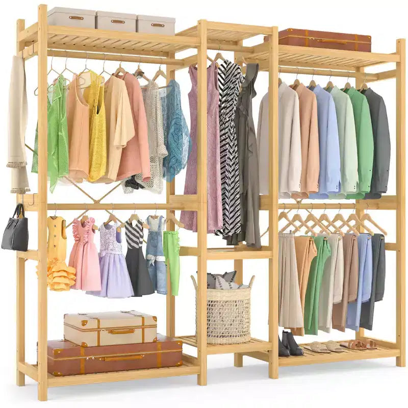 Porte-vêtements en bambou de 178 cm avec 5 tringles, système de placard autoportant avec étagères