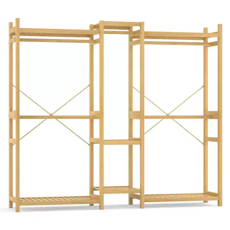 Porte-vêtements en bambou de 178 cm avec 5 tringles, système de placard autoportant avec étagères