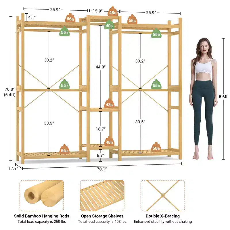Porte-vêtements en bambou de 178 cm avec 5 tringles, système de placard autoportant avec étagères
