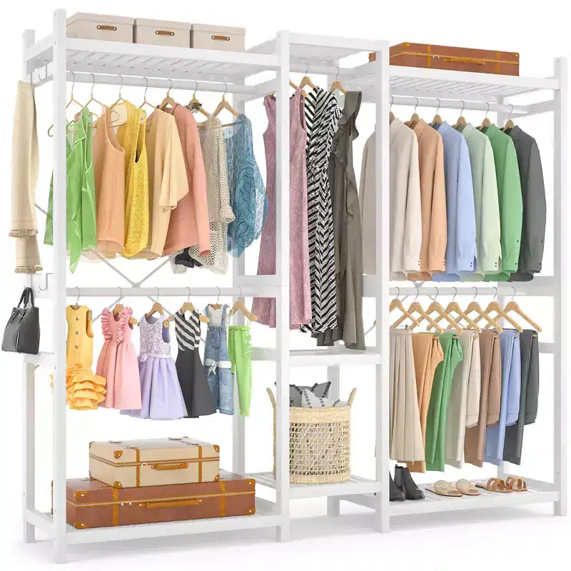 Porte-vêtements en bambou de 178 cm avec 5 tringles, système de placard autoportant avec étagères
