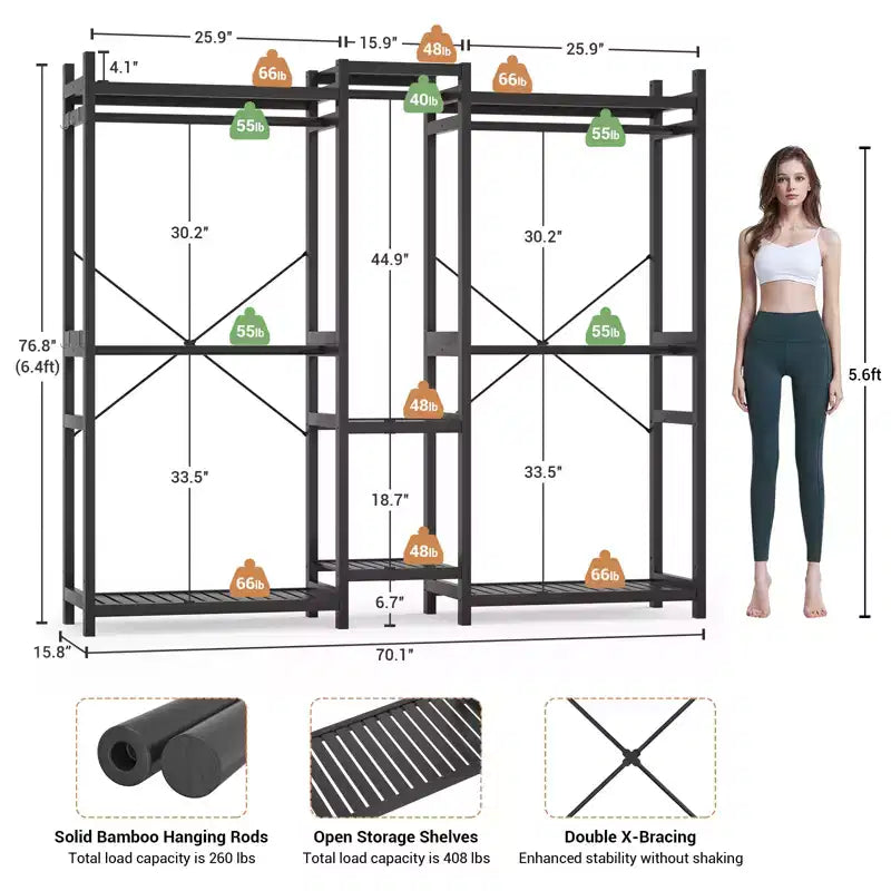 Porte-vêtements en bambou de 178 cm avec 5 tringles, système de placard autoportant avec étagères
