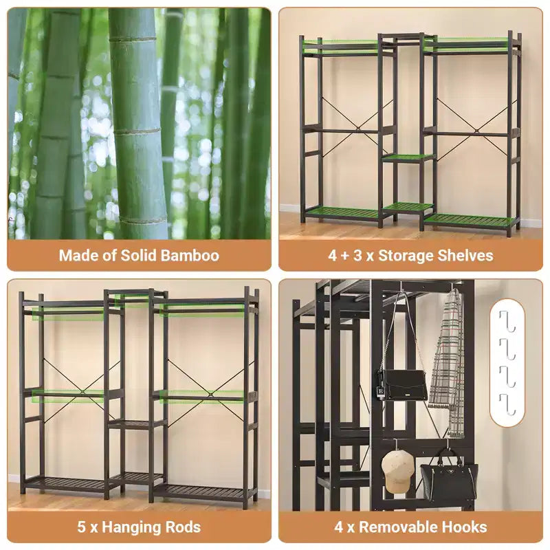 Porte-vêtements en bambou de 178 cm avec 5 tringles, système de placard autoportant avec étagères
