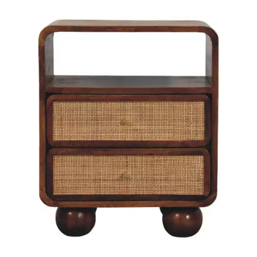 HomeRoots 22 Chestnut And Natural Solid Wood Cane Rattan Two Drawer Nightstand