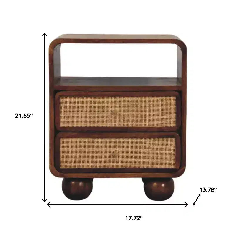22 Chestnut And Natural Solid Wood Cane Rattan Two Drawer Nightstand