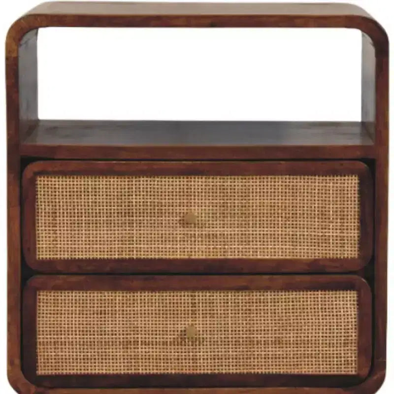 22 Chestnut And Natural Solid Wood Cane Rattan Two Drawer Nightstand
