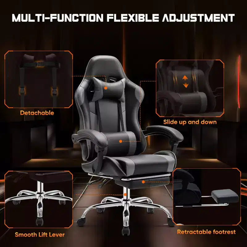 Chaise de Gaming Ergonomique avec Repose-Pieds et Soutien Lombaire, Chaise d'Ordinateur avec Appui-Tête et Accoudoirs, Chaise à Roulettes pour l'Étude, le Bureau