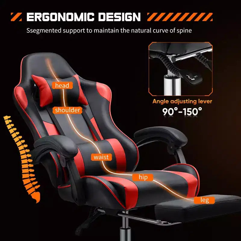 Chaise de Gaming Ergonomique avec Repose-Pieds et Soutien Lombaire, Chaise d'Ordinateur avec Appui-Tête et Accoudoirs, Chaise à Roulettes pour l'Étude, le Bureau