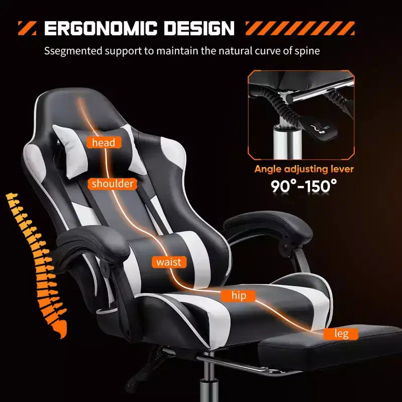 Chaise de Gaming Ergonomique avec Repose-Pieds et Soutien Lombaire, Chaise d'Ordinateur avec Appui-Tête et Accoudoirs, Chaise à Roulettes pour l'Étude, le Bureau
