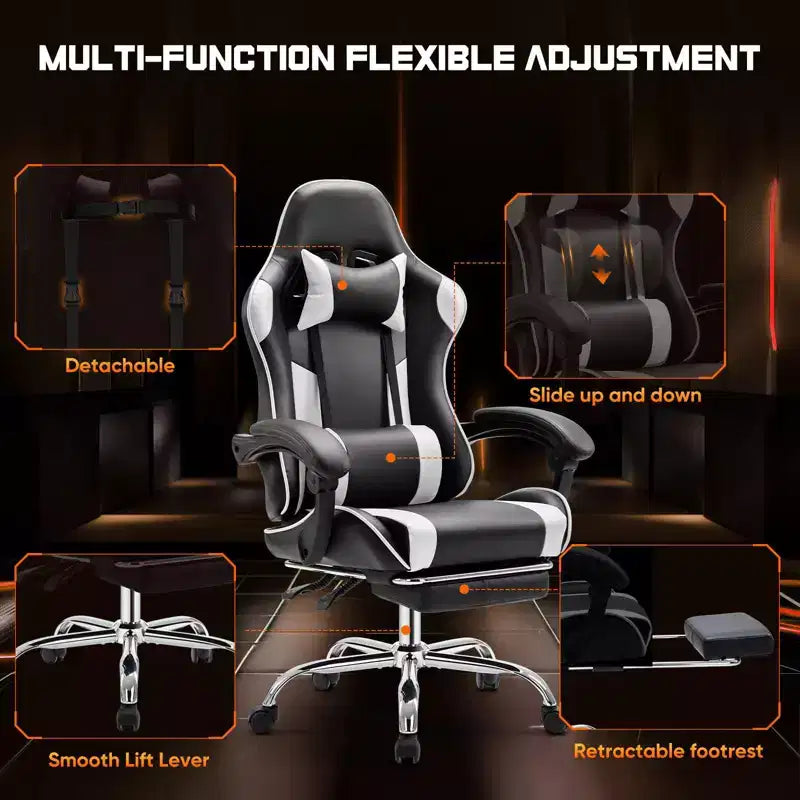 Chaise de Gaming Ergonomique avec Repose-Pieds et Soutien Lombaire, Chaise d'Ordinateur avec Appui-Tête et Accoudoirs, Chaise à Roulettes pour l'Étude, le Bureau