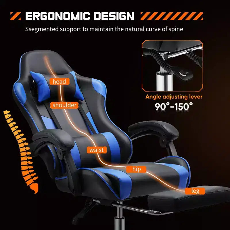 Chaise de Gaming Ergonomique avec Repose-Pieds et Soutien Lombaire, Chaise d'Ordinateur avec Appui-Tête et Accoudoirs, Chaise à Roulettes pour l'Étude, le Bureau