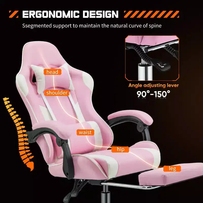 Chaise de Gaming Ergonomique avec Repose-Pieds et Soutien Lombaire, Chaise d'Ordinateur avec Appui-Tête et Accoudoirs, Chaise à Roulettes pour l'Étude, le Bureau