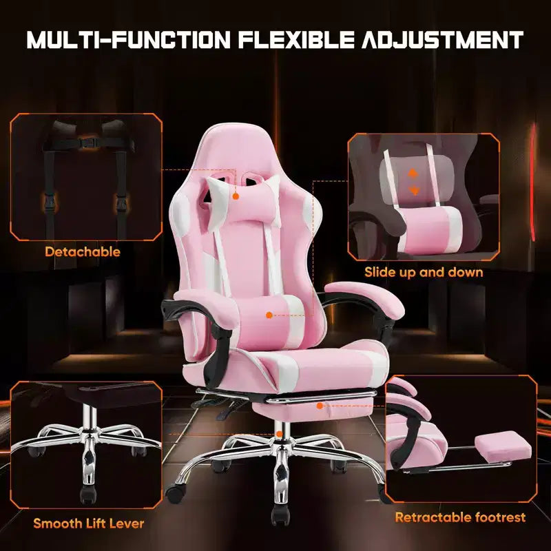Chaise de Gaming Ergonomique avec Repose-Pieds et Soutien Lombaire, Chaise d'Ordinateur avec Appui-Tête et Accoudoirs, Chaise à Roulettes pour l'Étude, le Bureau