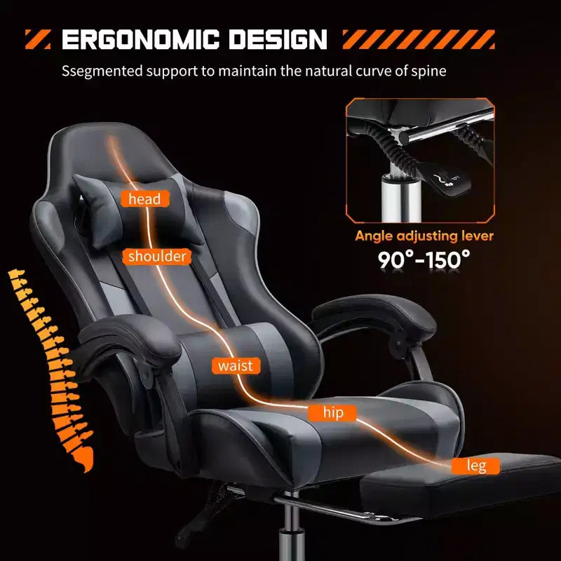 Chaise de Gaming Ergonomique avec Repose-Pieds et Soutien Lombaire, Chaise d'Ordinateur avec Appui-Tête et Accoudoirs, Chaise à Roulettes pour l'Étude, le Bureau