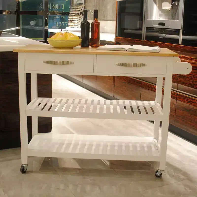 Okak Kitchen Cart with Rubber Wood Top, Mobile Kitchen Cart with Lockable Wheels, 2 Drawers and 2 Shelves, Rolling Kitchen Island, White