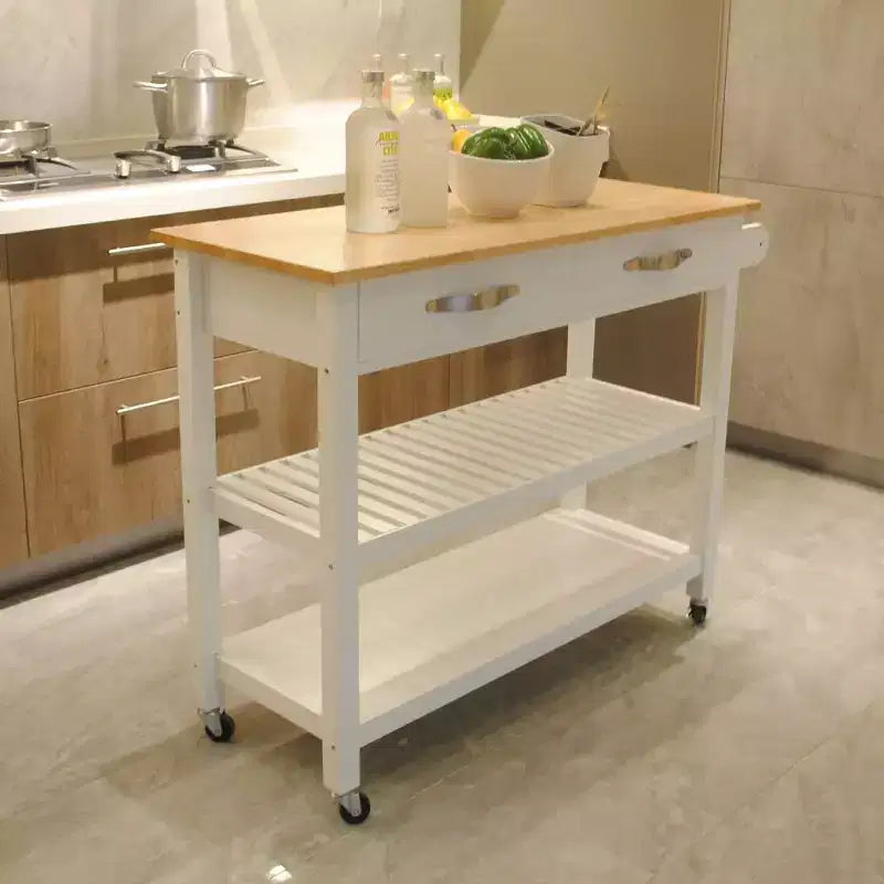 Desserte de cuisine avec plateau en bois d'hévéa, desserte de cuisine mobile avec roues verrouillables, 2 tiroirs et 2 étagères, îlot de cuisine roulant, blanc