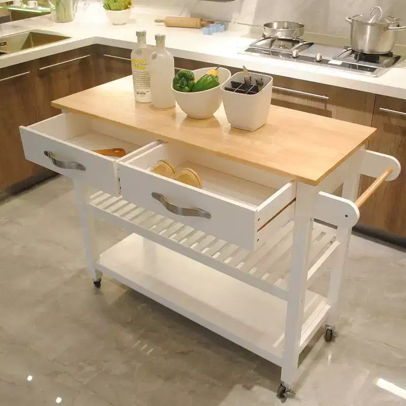 Desserte de cuisine avec plateau en bois d'hévéa, desserte de cuisine mobile avec roues verrouillables, 2 tiroirs et 2 étagères, îlot de cuisine roulant, blanc