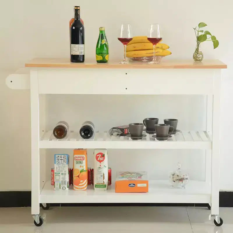 Desserte de cuisine avec plateau en bois d'hévéa, desserte de cuisine mobile avec roues verrouillables, 2 tiroirs et 2 étagères, îlot de cuisine roulant, blanc