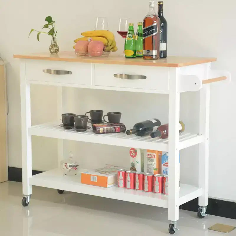 Desserte de cuisine avec plateau en bois d'hévéa, desserte de cuisine mobile avec roues verrouillables, 2 tiroirs et 2 étagères, îlot de cuisine roulant, blanc