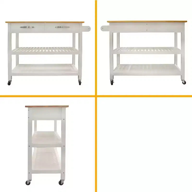 Desserte de cuisine avec plateau en bois d'hévéa, desserte de cuisine mobile avec roues verrouillables, 2 tiroirs et 2 étagères, îlot de cuisine roulant, blanc