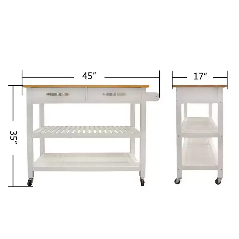 Desserte de cuisine avec plateau en bois d'hévéa, desserte de cuisine mobile avec roues verrouillables, 2 tiroirs et 2 étagères, îlot de cuisine roulant, blanc
