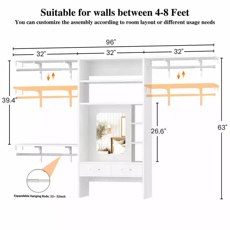 Système de rangement mural avec coiffeuse, organiseur de placard de 2,4 m