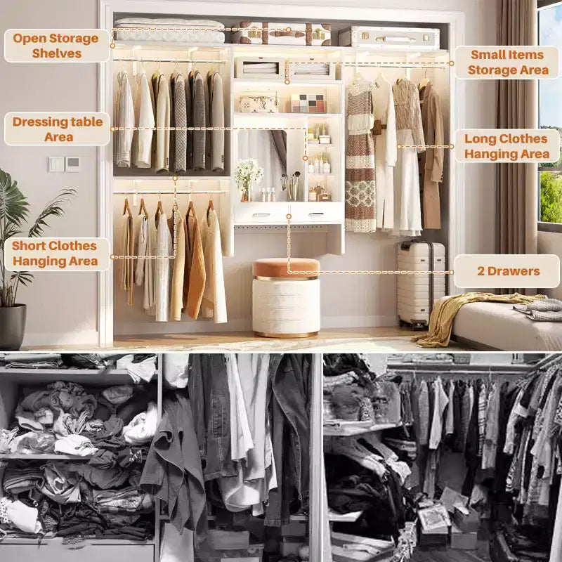 Système de rangement mural avec coiffeuse, organiseur de placard de 2,4 m