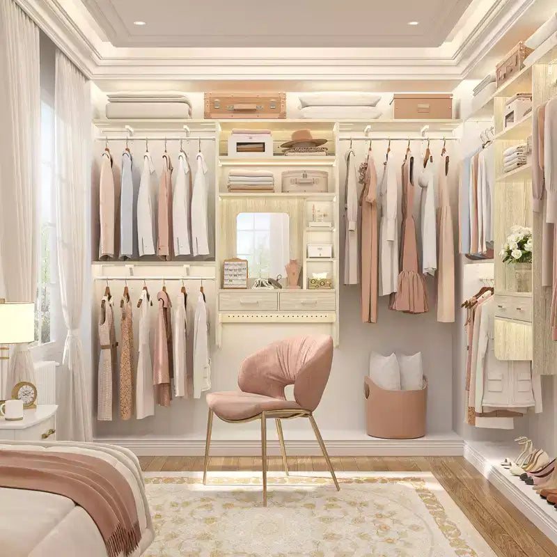 Système de rangement mural avec coiffeuse, organiseur de placard de 2,4 m