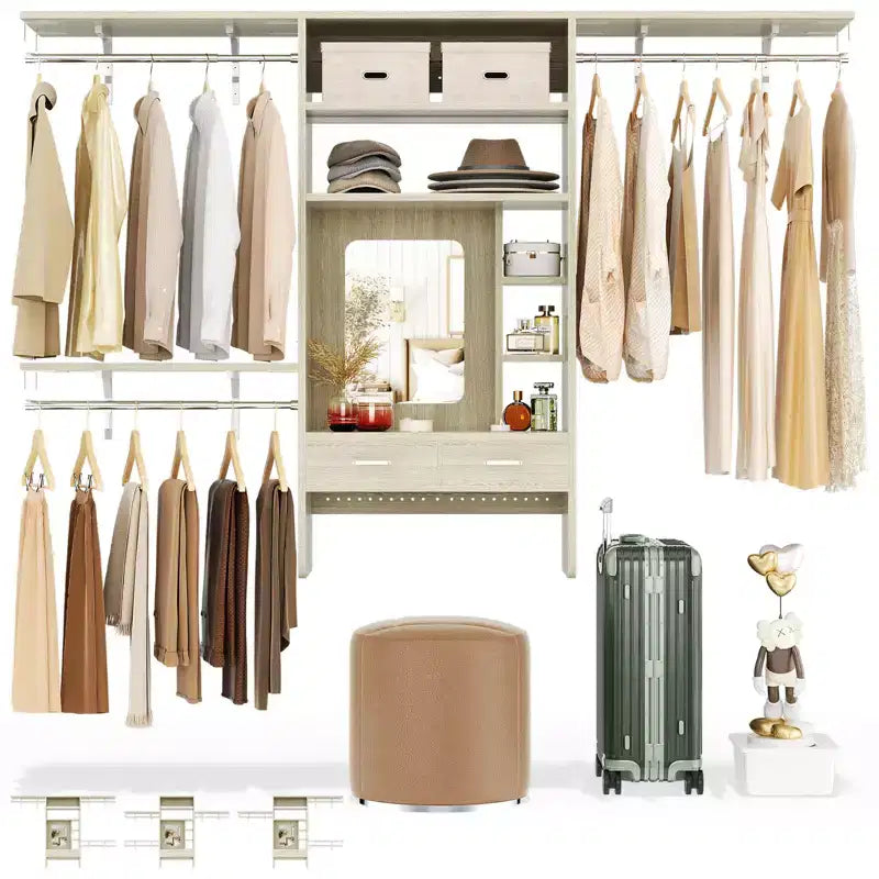 Système de rangement mural avec coiffeuse, organiseur de placard de 2,4 m