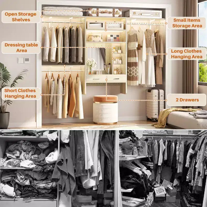 Système de rangement mural avec coiffeuse, organiseur de placard de 2,4 m