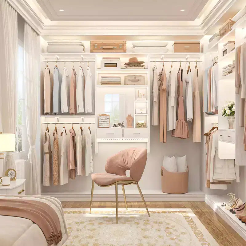 Système de rangement mural avec coiffeuse, organiseur de placard de 2,4 m