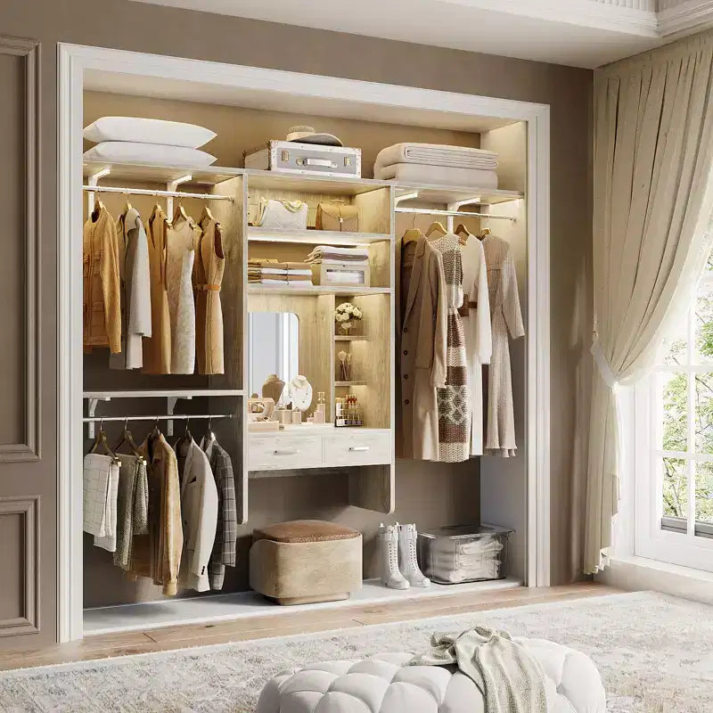 Besiost Wall-Mounted Closet System with Vanity Desk, 8FT Closet Organizer