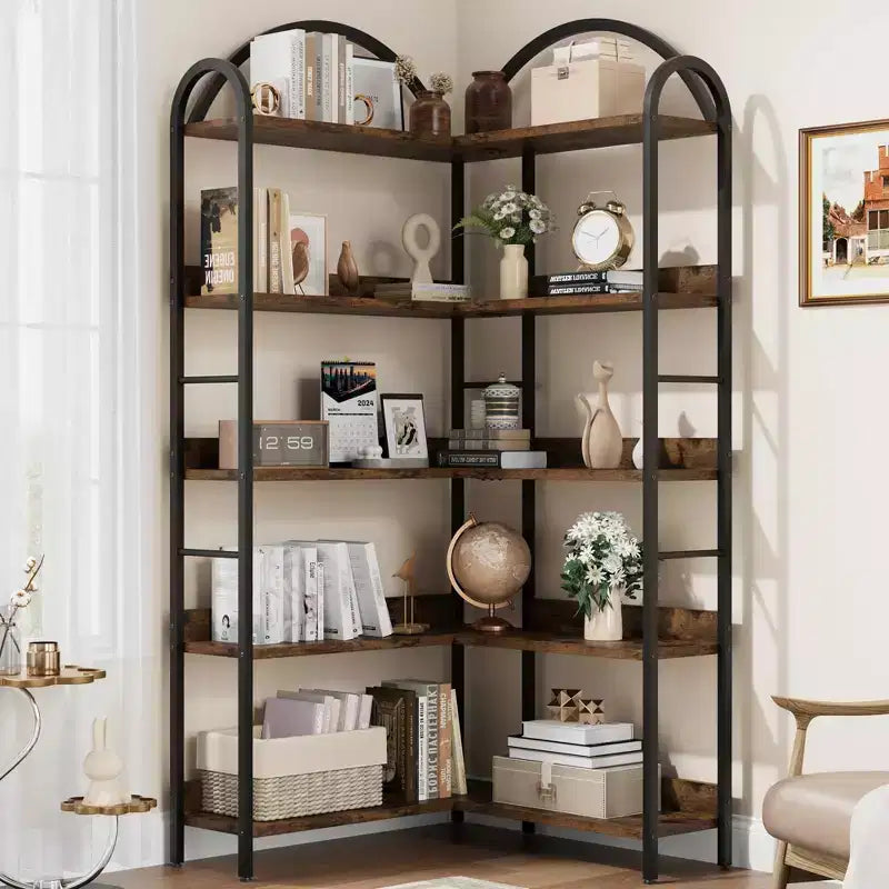 5 Tier Corner Bookcase, Open Shelves Book Storage Organizer, Industrial Wood Bookshelf with Metal Frame for Living Room, Bedroom, Home Office