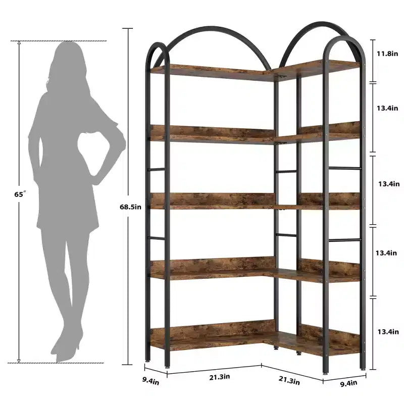 Étagère d'angle à 5 niveaux, Organiseur de rangement de livres à étagères ouvertes, Bibliothèque industrielle en bois avec cadre métallique pour salon, chambre, bureau à domicile