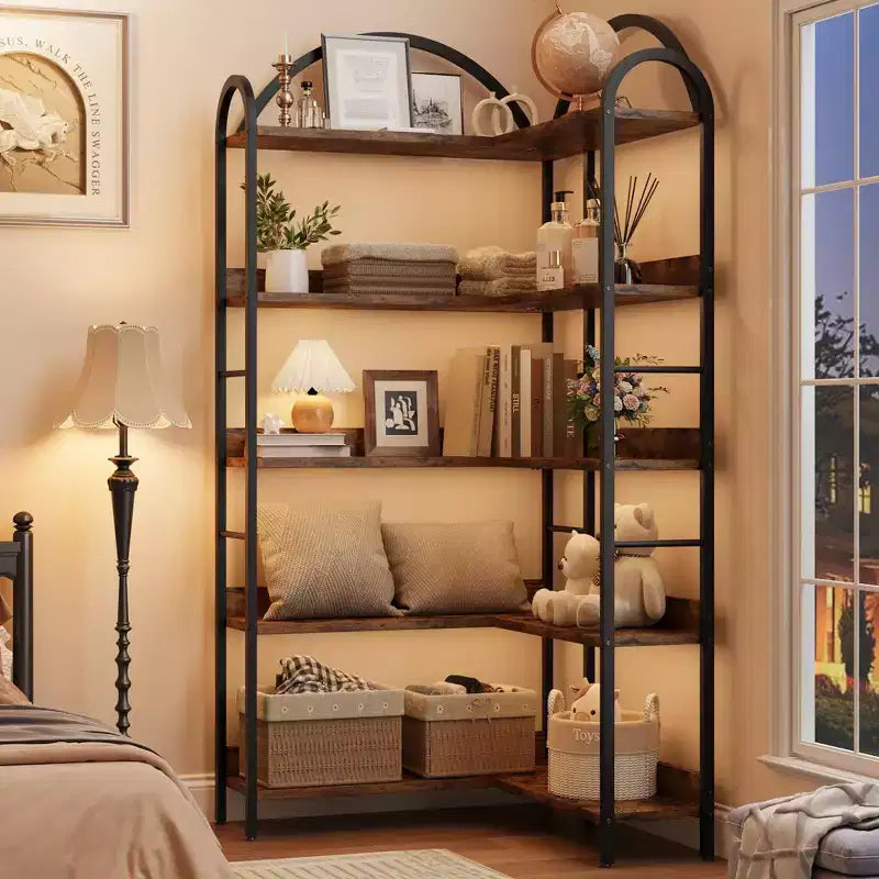 Étagère d'angle à 5 niveaux, Organiseur de rangement de livres à étagères ouvertes, Bibliothèque industrielle en bois avec cadre métallique pour salon, chambre, bureau à domicile