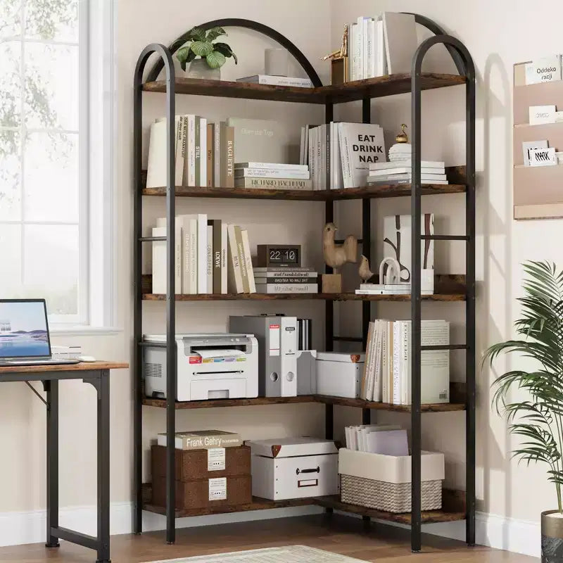 5 Tier Corner Bookcase, Open Shelves Book Storage Organizer, Industrial Wood Bookshelf with Metal Frame for Living Room, Bedroom, Home Office