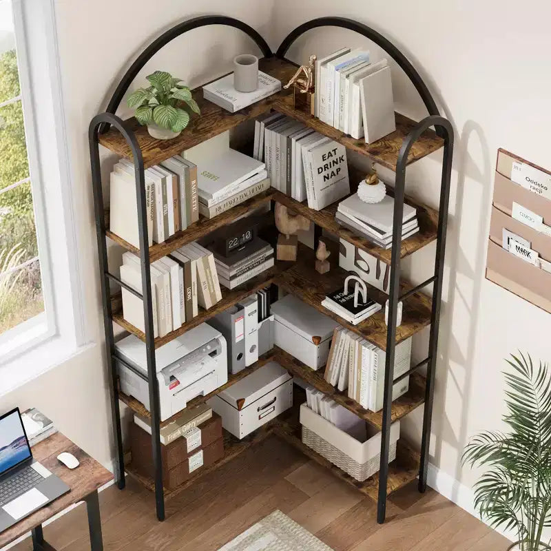 Étagère d'angle à 5 niveaux, Organiseur de rangement de livres à étagères ouvertes, Bibliothèque industrielle en bois avec cadre métallique pour salon, chambre, bureau à domicile